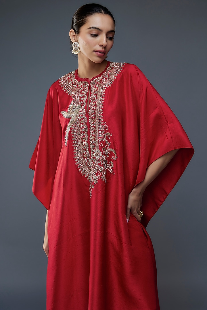 Red Silk Zari Embroidered Kaftan Set by Jayanti Reddy at Pernia's Pop Up Shop