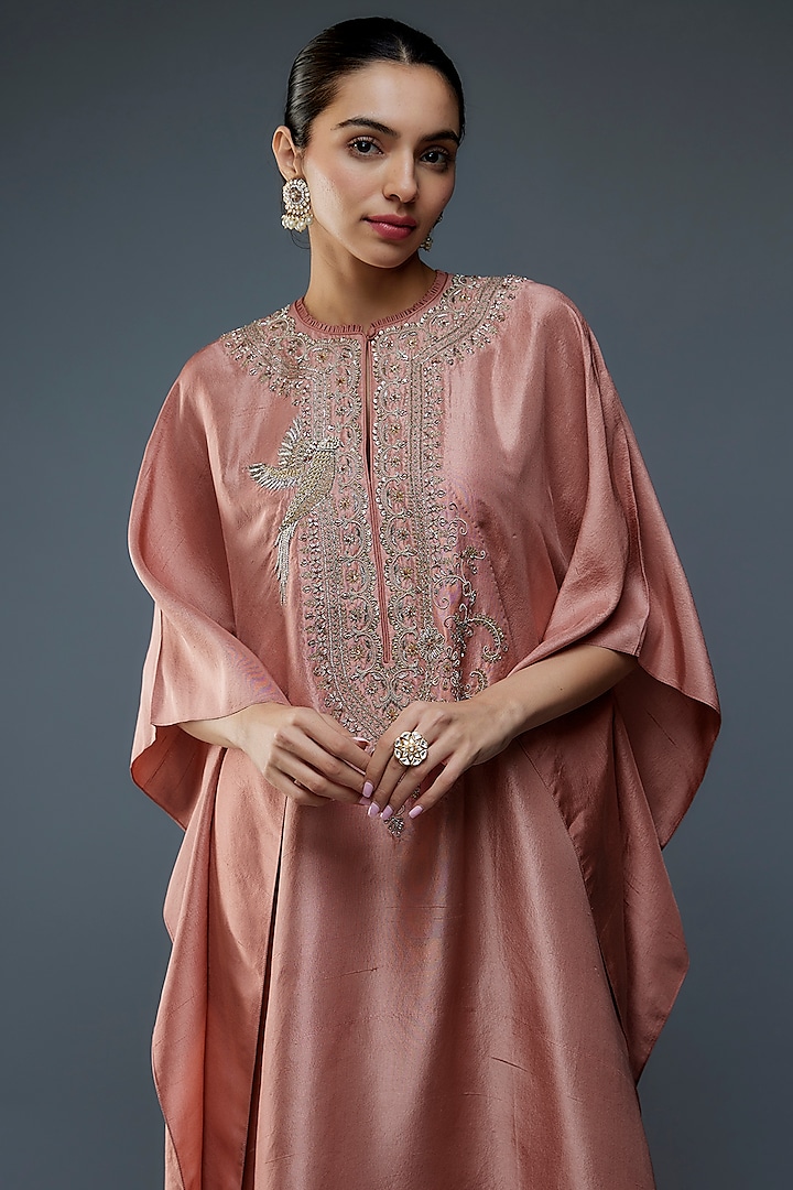 Peach Silk Zari Embroidered Kaftan Set by Jayanti Reddy at Pernia's Pop Up Shop
