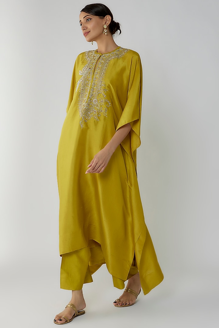 Mustard Silk Zari Embroidered Kaftan Set by Jayanti Reddy at Pernia's Pop Up Shop