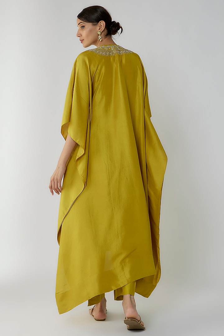 Mustard Silk Zari Embroidered Kaftan Set by Jayanti Reddy at Pernia's Pop Up Shop