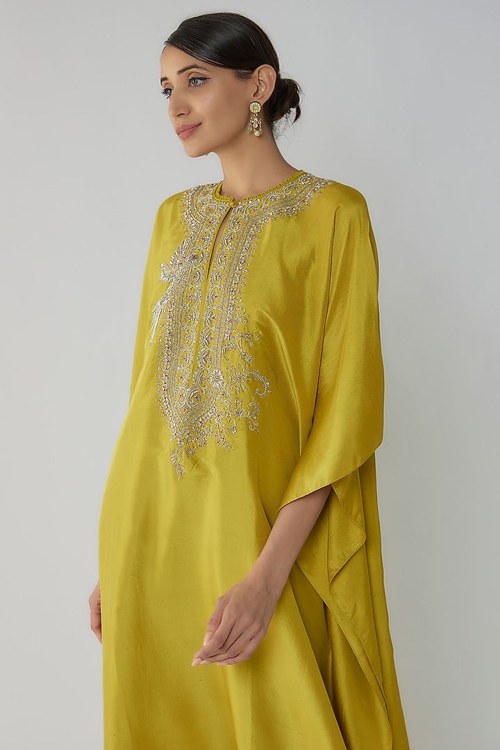 Mustard Silk Zari Embroidered Kaftan Set by Jayanti Reddy at Pernia's Pop Up Shop