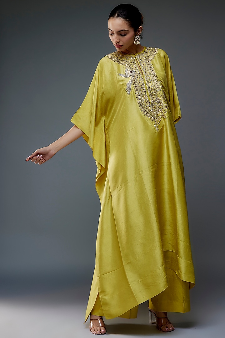 Lime Silk Zari Embroidered Kaftan Set by Jayanti Reddy at Pernia's Pop Up Shop