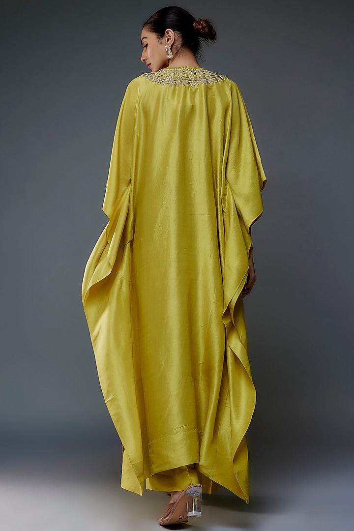 Lime Silk Zari Embroidered Kaftan Set by Jayanti Reddy at Pernia's Pop Up Shop