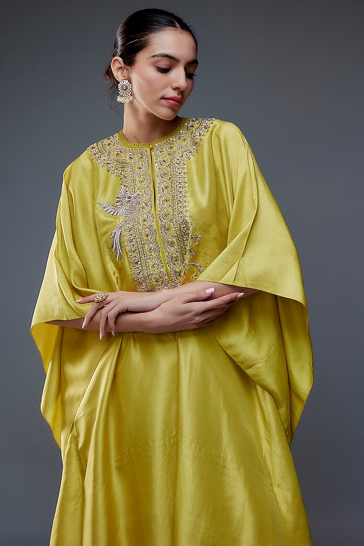 Lime Silk Zari Embroidered Kaftan Set by Jayanti Reddy at Pernia's Pop Up Shop