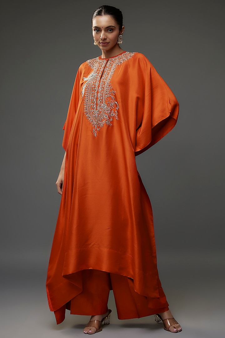 Orange Silk Zari Embroidered Kaftan Set by Jayanti Reddy