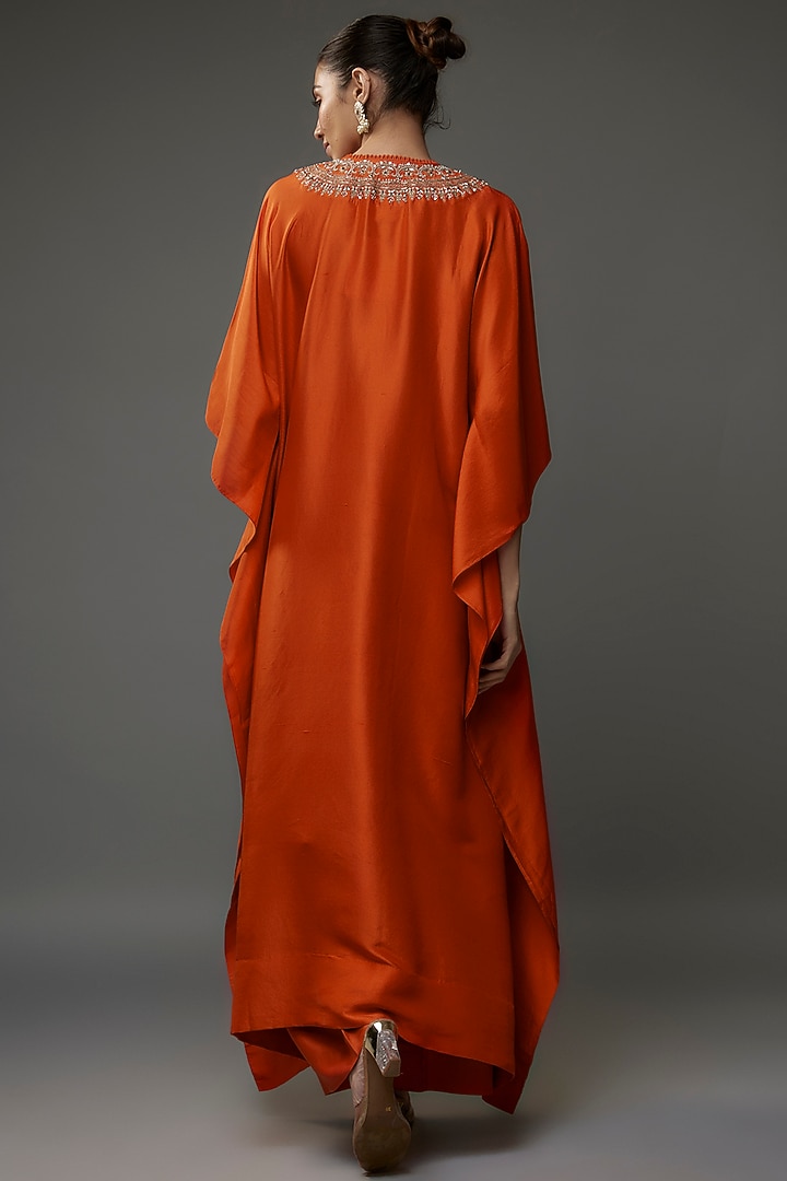 Orange Silk Zari Embroidered Kaftan Set by Jayanti Reddy at Pernia's Pop Up Shop