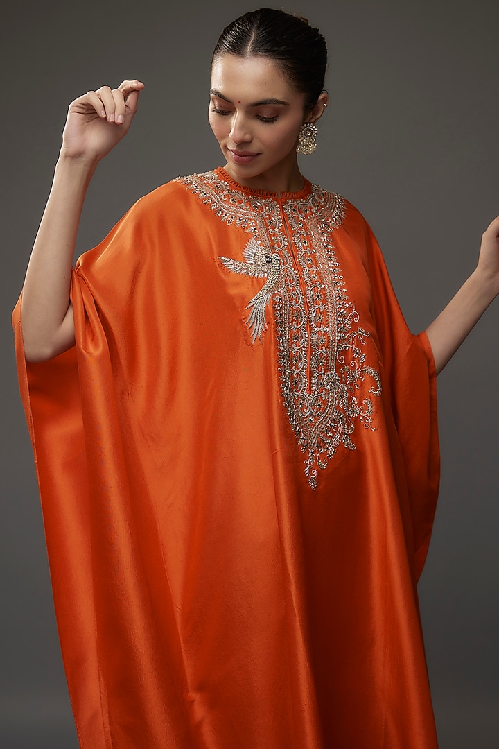 Orange Silk Zari Embroidered Kaftan Set by Jayanti Reddy at Pernia's Pop Up Shop