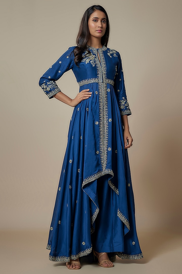 Navy Blue Silk Zari Embroidered Bridal Anarkali Set by Jayanti Reddy at Pernia's Pop Up Shop