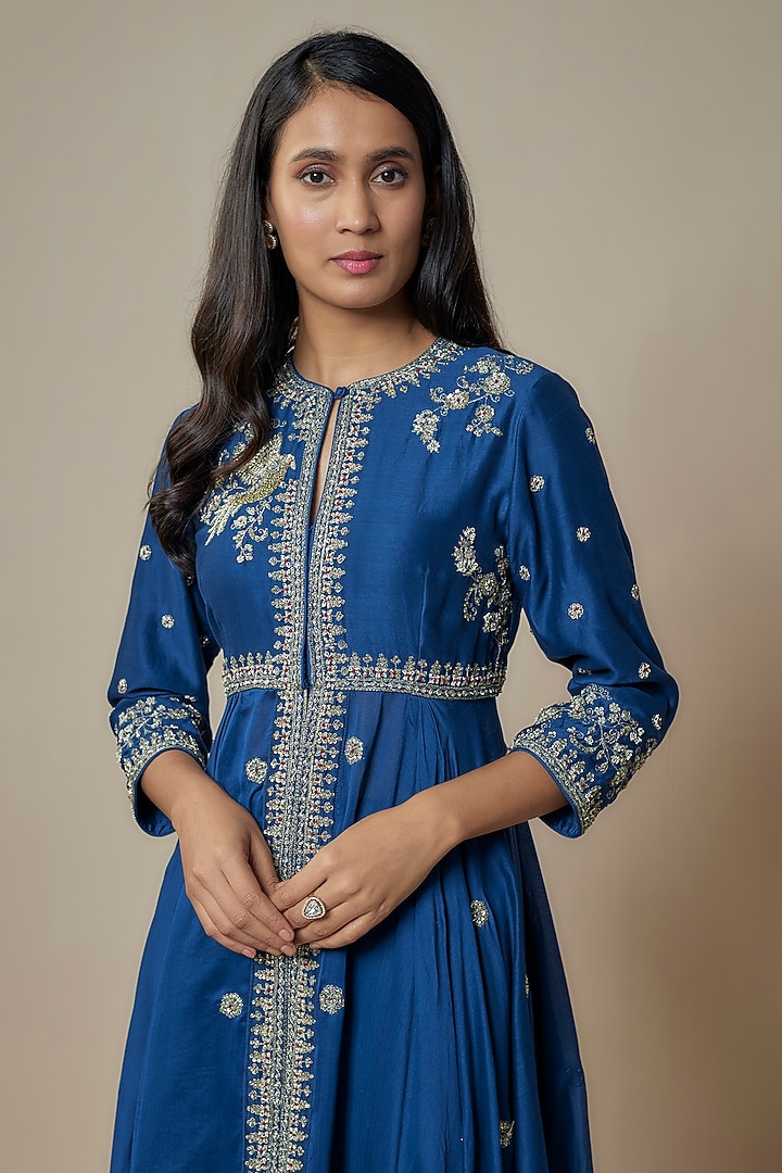 Navy Blue Silk Zari Embroidered Bridal Anarkali Set by Jayanti Reddy at Pernia's Pop Up Shop