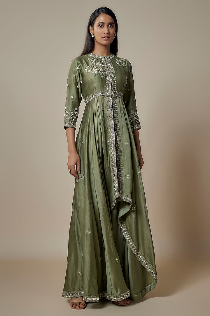 Mint Green Silk Zari Embroidered Anarkali Set by Jayanti Reddy at Pernia's Pop Up Shop