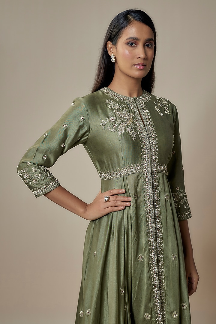 Mint Green Silk Zari Embroidered Bridal Anarkali Set by Jayanti Reddy at Pernia's Pop Up Shop