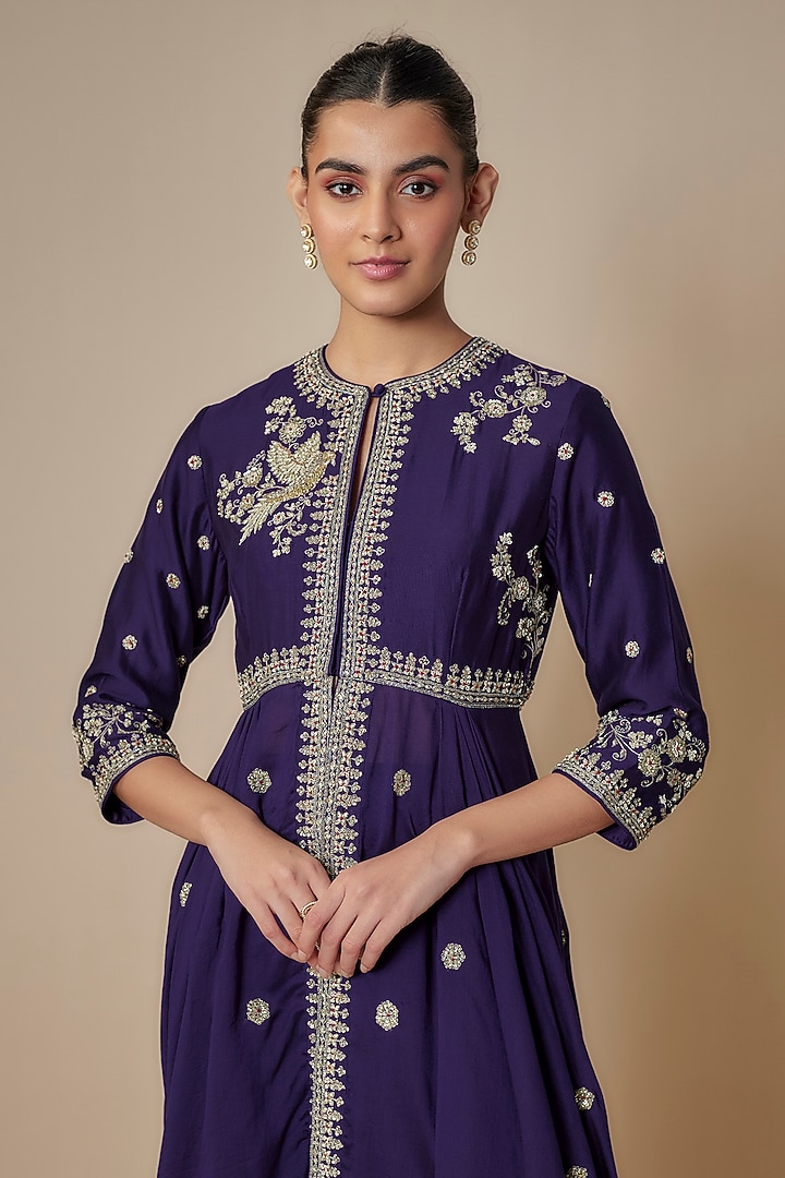 Purple Silk Zari Embroidered Bridal Anarkali Set by Jayanti Reddy at Pernia's Pop Up Shop
