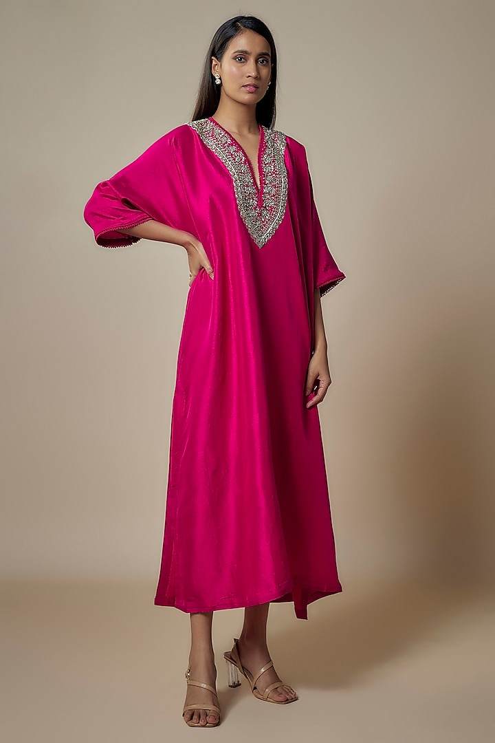 Pink Silk Zari Embroidered Kaftan by Jayanti Reddy at Pernia's Pop Up Shop