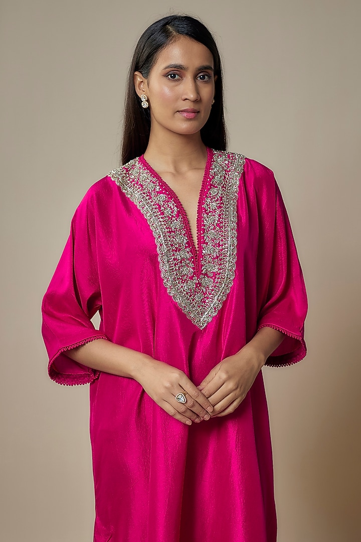 Pink Silk Zari Embroidered Kaftan by Jayanti Reddy at Pernia's Pop Up Shop