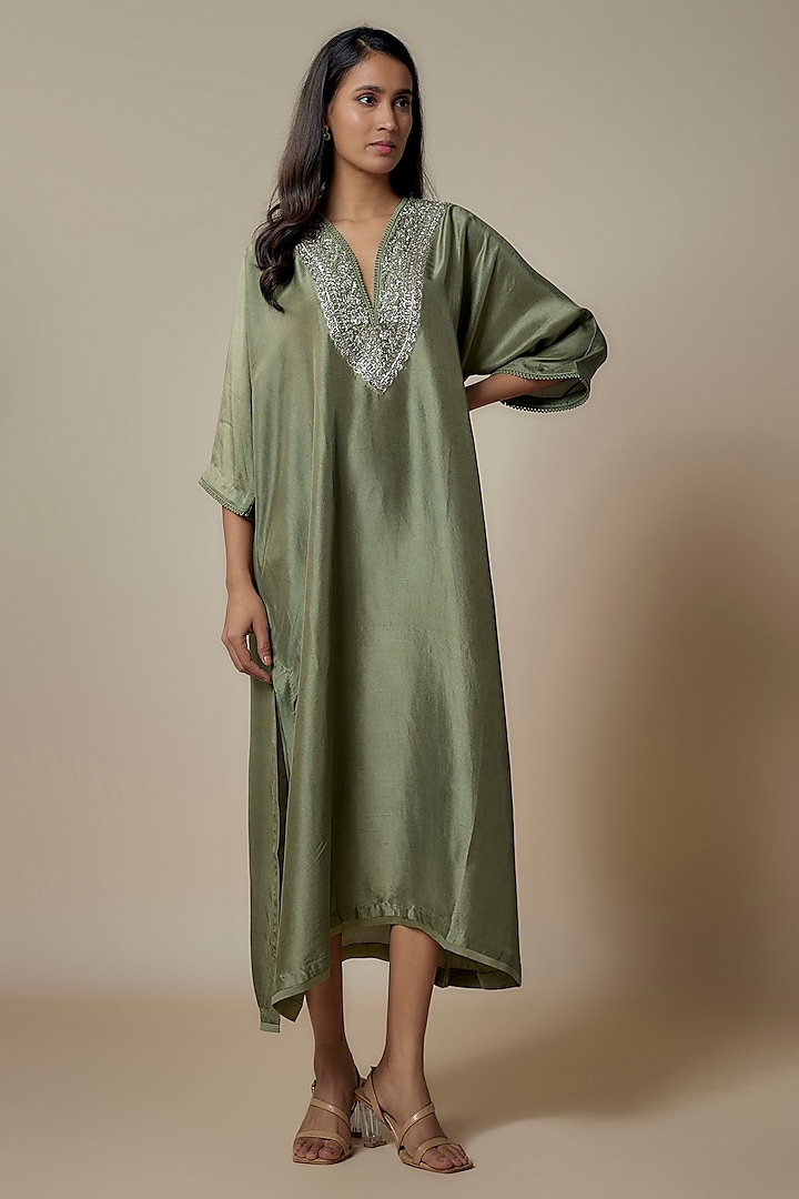 Mint Green Silk Zari Embroidered Kaftan by Jayanti Reddy at Pernia's Pop Up Shop