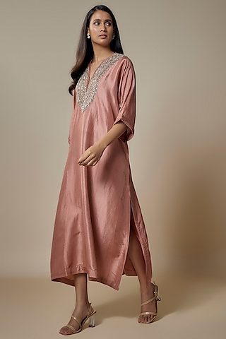 Peach Silk Zari Embroidered Kaftan by Jayanti Reddy