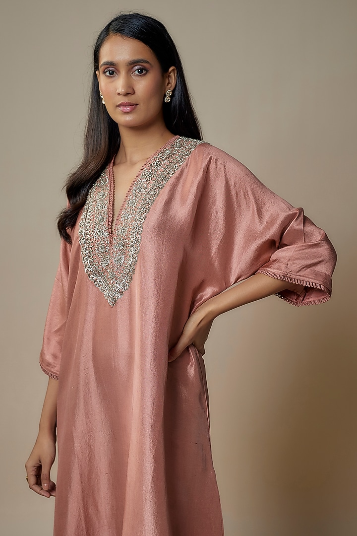 Peach Silk Zari Embroidered Kaftan by Jayanti Reddy at Pernia's Pop Up Shop