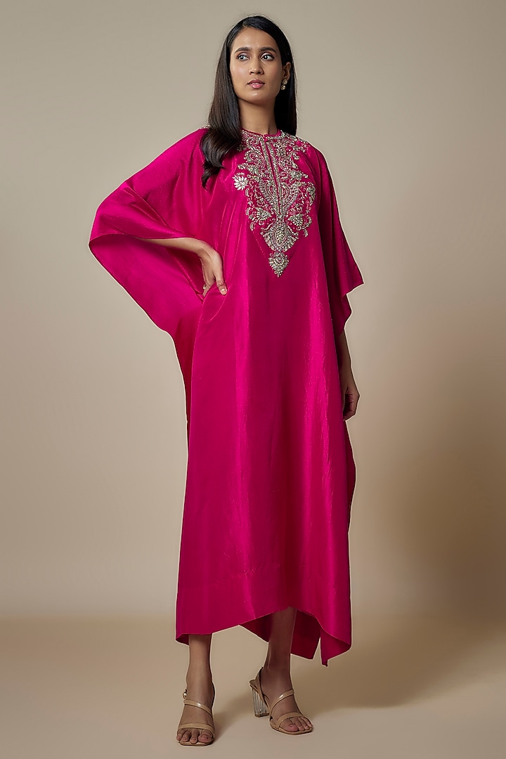 Pink Silk Zari Embroidered Kaftan by Jayanti Reddy at Pernia's Pop Up Shop