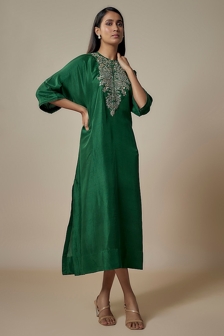 Emerald Green Silk Zari Embroidered Kaftan by Jayanti Reddy at Pernia's Pop Up Shop