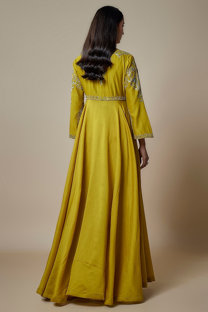 Mustard Silk Zari Embroidered Wedding Anarkali Set by Jayanti Reddy at Pernia's Pop Up Shop