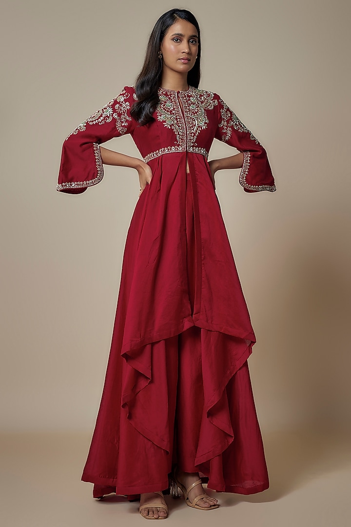 Red Silk Zari Embroidered Anarkali Set by Jayanti Reddy at Pernia's Pop Up Shop