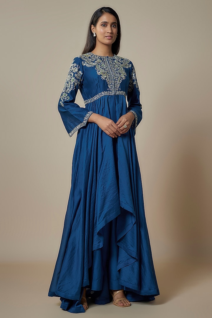 Navy Blue Silk Zari Embroidered Wedding Anarkali Set by Jayanti Reddy at Pernia's Pop Up Shop