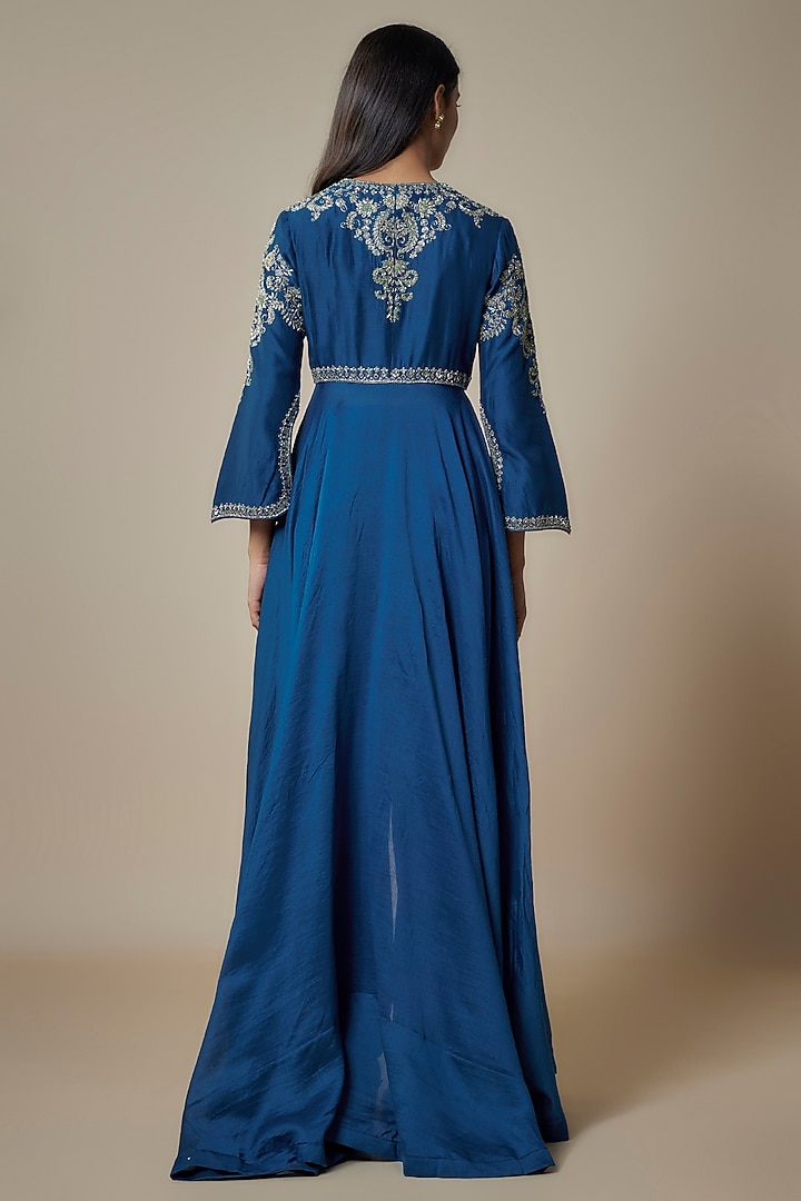 Navy Blue Silk Zari Embroidered Wedding Anarkali Set by Jayanti Reddy at Pernia's Pop Up Shop