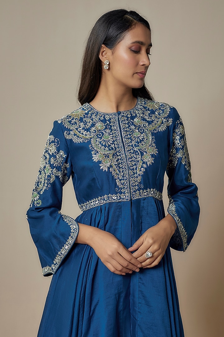 Navy Blue Silk Zari Embroidered Wedding Anarkali Set by Jayanti Reddy at Pernia's Pop Up Shop