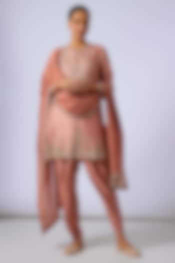 Peach Silk Zardosi Embroidered Tunic Set by Jayanti Reddy at Pernia's Pop Up Shop