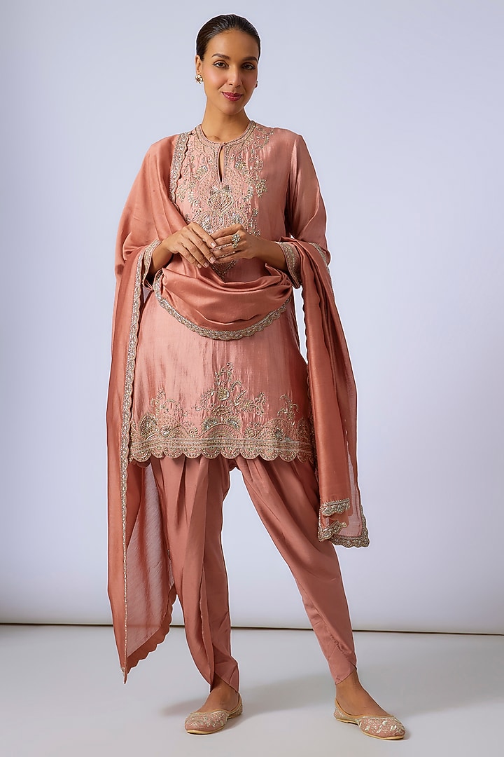 Peach Silk Zardosi Embroidered Tunic Set by Jayanti Reddy at Pernia's Pop Up Shop