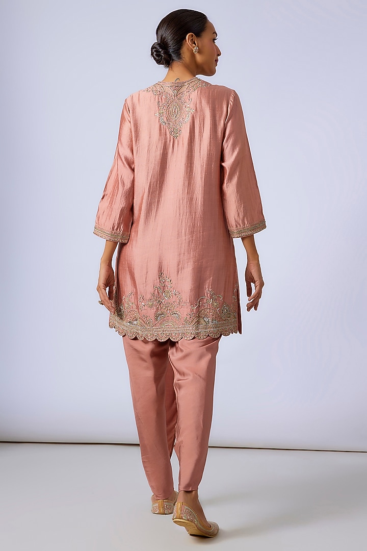 Peach Silk Zardosi Embroidered Tunic Set by Jayanti Reddy at Pernia's Pop Up Shop
