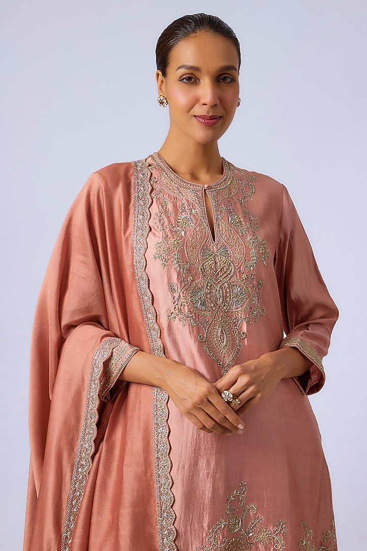 Peach Silk Zardosi Embroidered Tunic Set by Jayanti Reddy at Pernia's Pop Up Shop