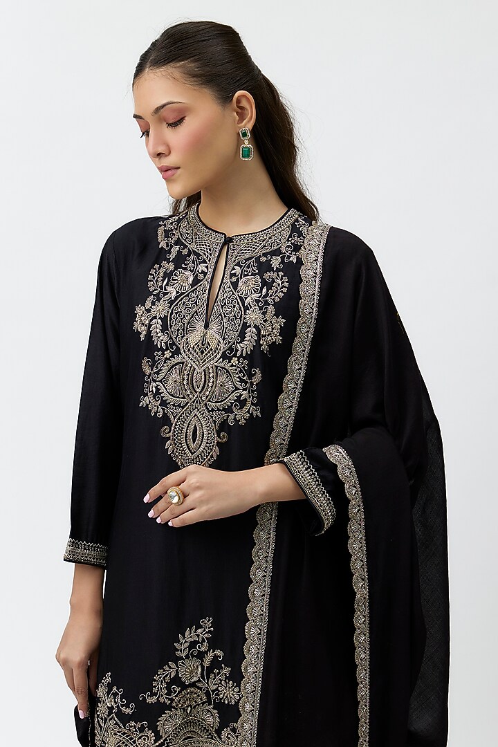 Black Silk Zardosi Embroidered Tunic Set by Jayanti Reddy at Pernia's Pop Up Shop