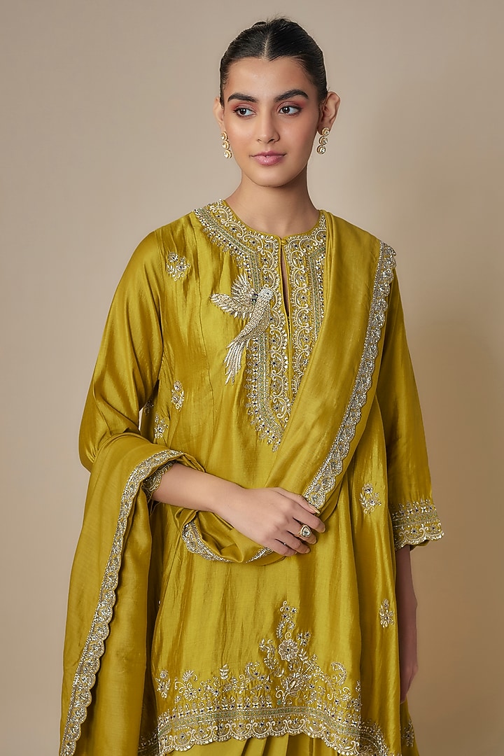 Mustard Yellow Silk Embroidered Tunic Set by Jayanti Reddy at Pernia's Pop Up Shop