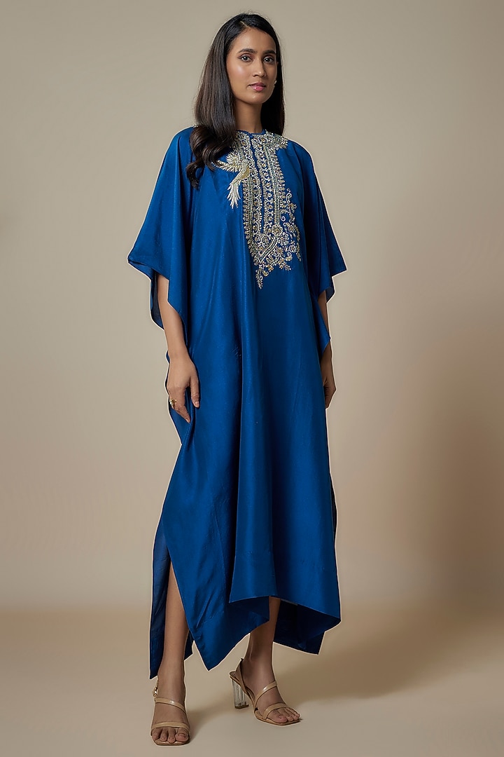 Navy Blue Silk Zari Embroidered Kaftan by Jayanti Reddy at Pernia's Pop Up Shop