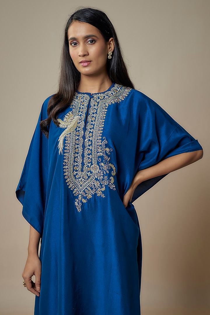 Navy Blue Silk Zari Embroidered Kaftan by Jayanti Reddy at Pernia's Pop Up Shop