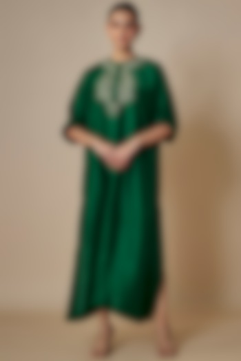 Emerald Green Silk Zari Embroidered Kaftan by Jayanti Reddy at Pernia's Pop Up Shop