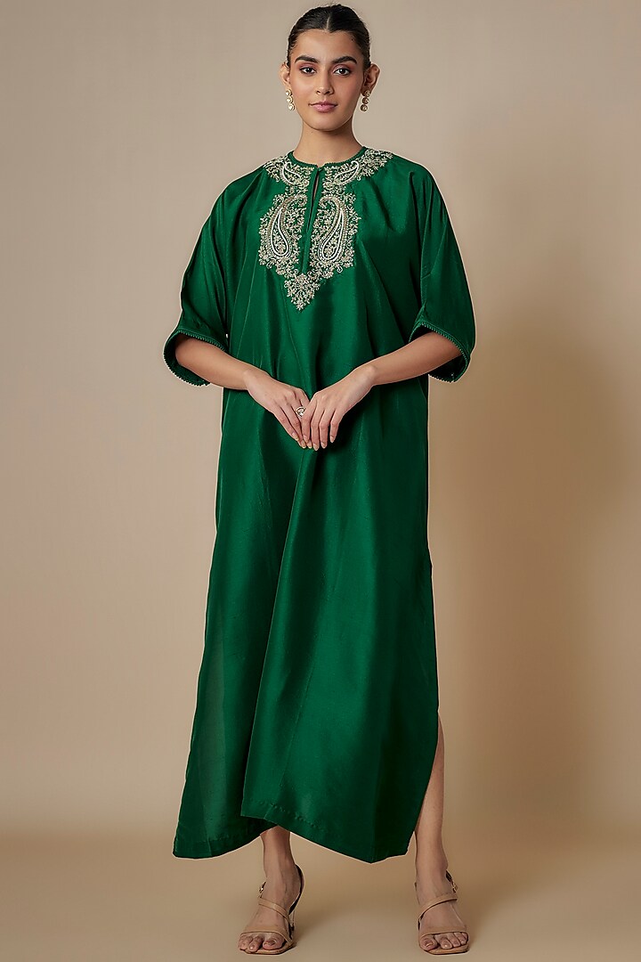 Emerald Green Silk Zari Embroidered Kaftan by Jayanti Reddy at Pernia's Pop Up Shop