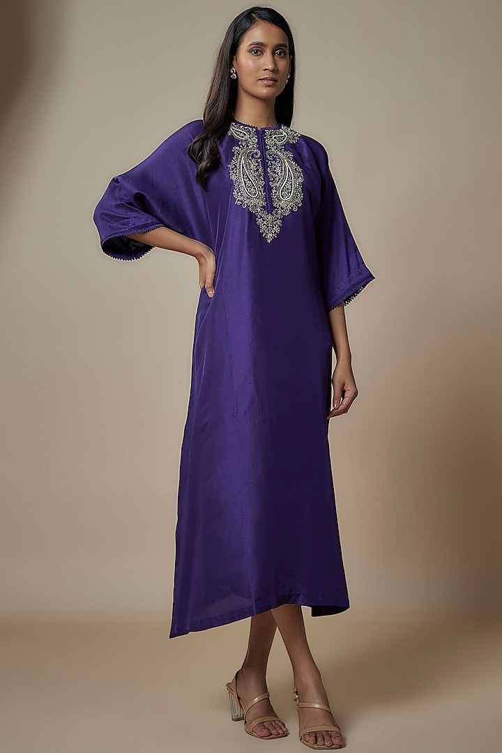 Purple Silk Zari Embroidered Kaftan by Jayanti Reddy at Pernia's Pop Up Shop