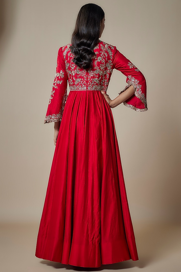 Red Silk Zari Embroidered Bridal Anarkali Set by Jayanti Reddy at Pernia's Pop Up Shop