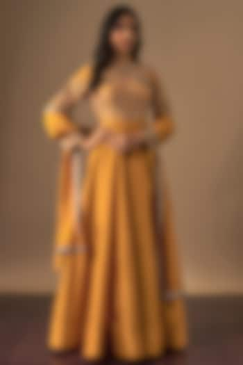 Yellow Silk Zardosi Embroidered Anarkali Set by Jayanti Reddy at Pernia's Pop Up Shop