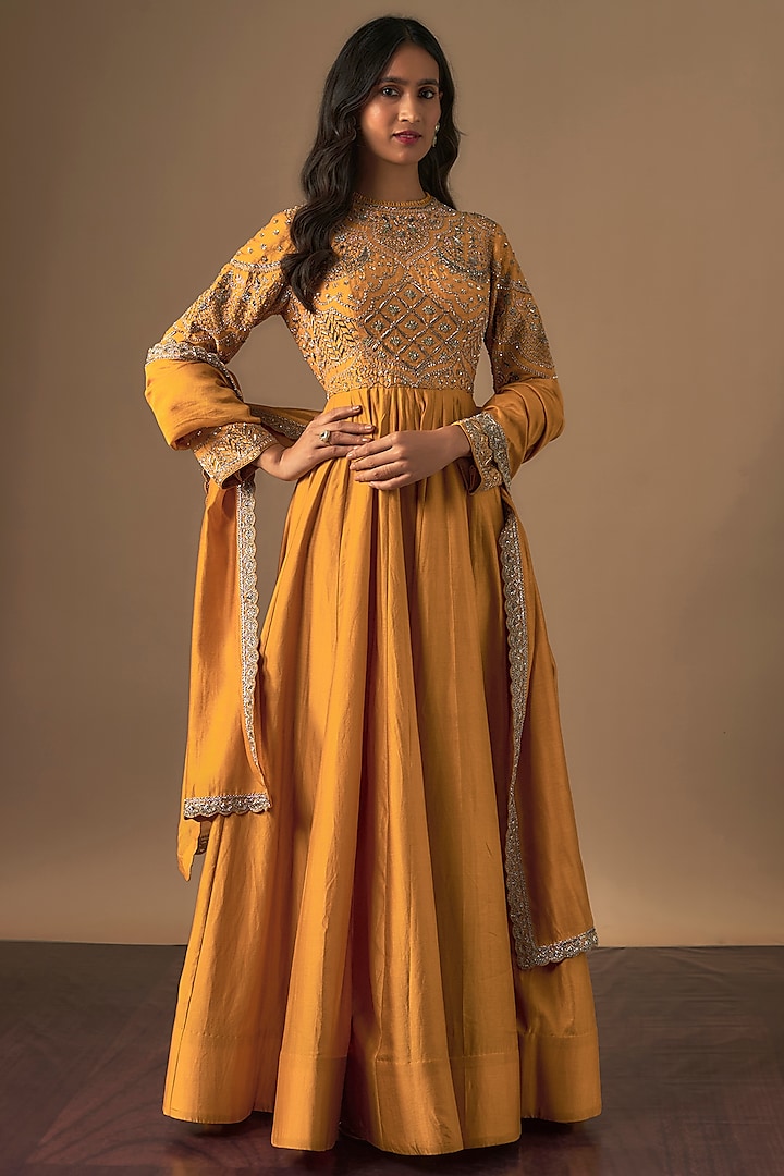 Yellow Silk Zardosi Embroidered Anarkali Set by Jayanti Reddy at Pernia's Pop Up Shop