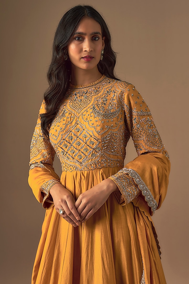 Yellow Silk Zardosi Embroidered Bridal Anarkali Set by Jayanti Reddy at Pernia's Pop Up Shop