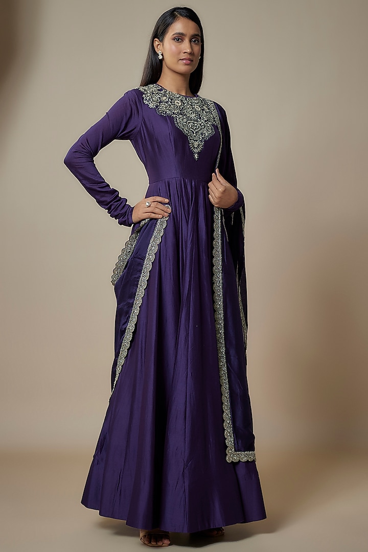 Purple Silk Zari Embroidered Anarkali Set by Jayanti Reddy at Pernia's Pop Up Shop