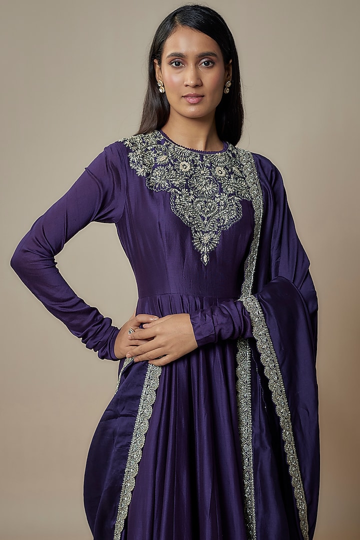 Purple Silk Zari Embroidered Bridal Anarkali Set by Jayanti Reddy at Pernia's Pop Up Shop