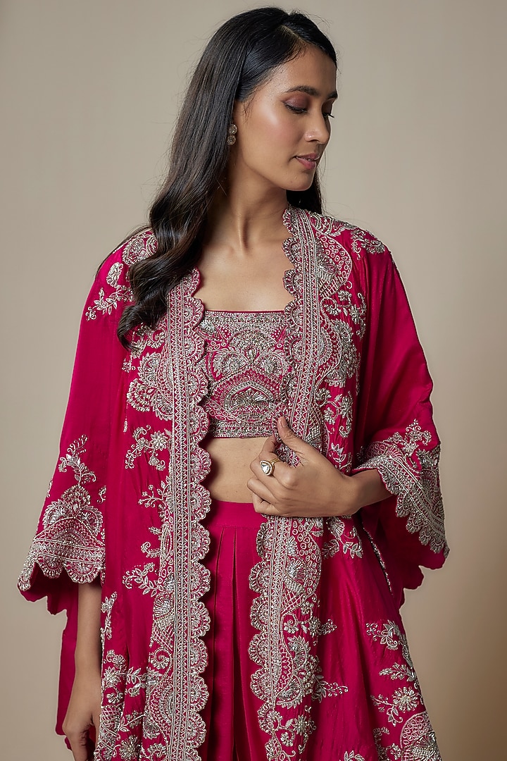 Rani Pink Silk Zari Embroidered Cape Set by Jayanti Reddy at Pernia's Pop Up Shop