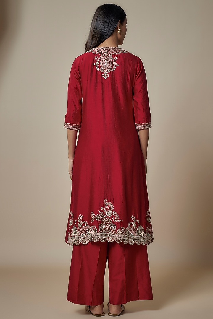 Red Silk Zari Embroidered Long Kurta Set by Jayanti Reddy at Pernia's Pop Up Shop