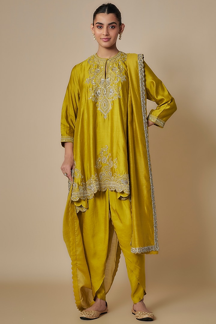 Mustard Silk Zari Embroidered A-Line Kurta Set by Jayanti Reddy at Pernia's Pop Up Shop