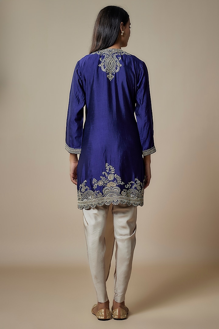 Navy Blue Silk Zari Embroidered Paneled Tunic Set by Jayanti Reddy at Pernia's Pop Up Shop