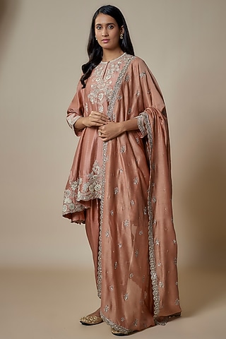 Peach Silk Thread Work Paneled Tunic Set by Jayanti Reddy